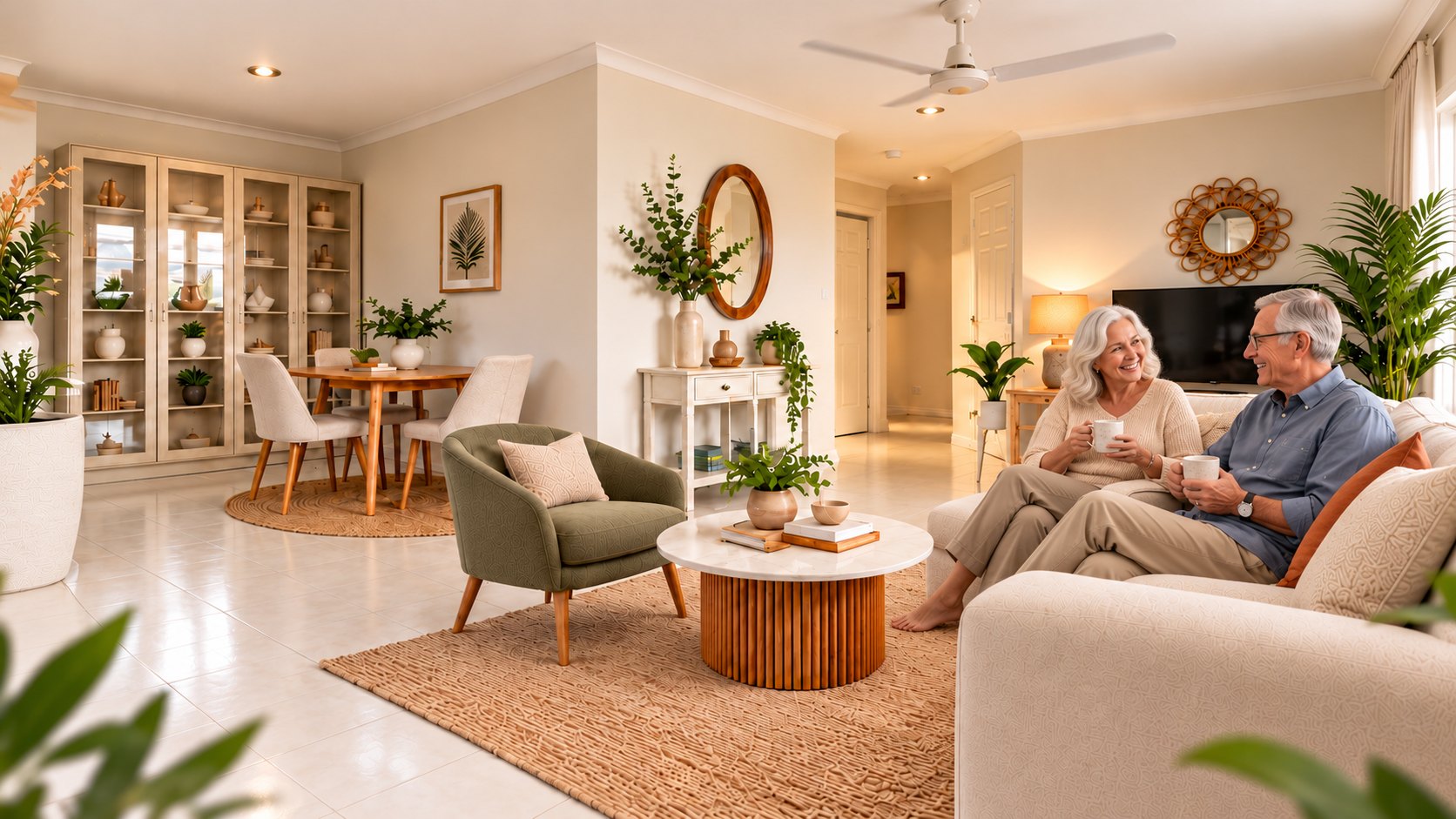 Mature couple enjoying coffee together in their lounge