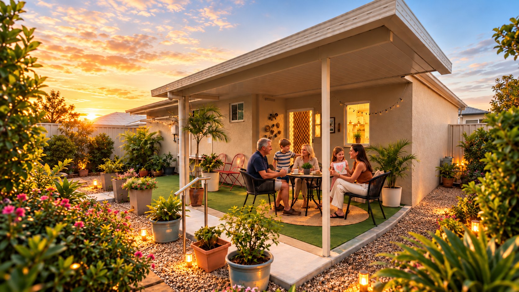 Unit 44 patio and garden with illustrative visiting grandchildren