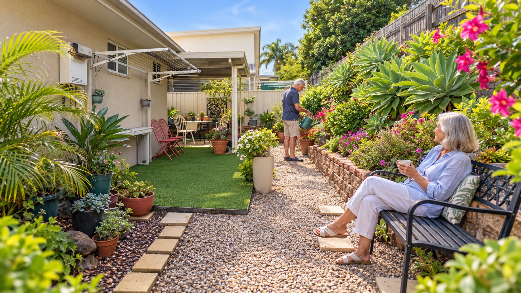 Mature couple tending plants and enjoying the established garden